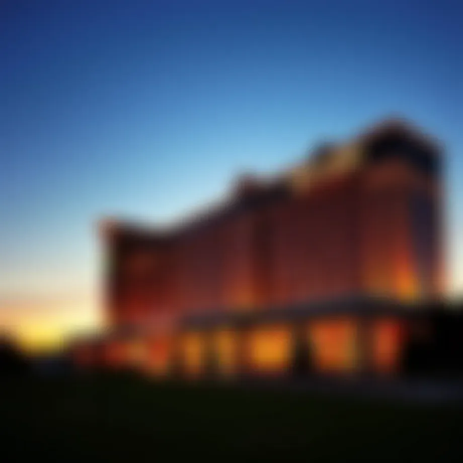 Luxurious view of Rivers Casino Hotel's exterior at sunset