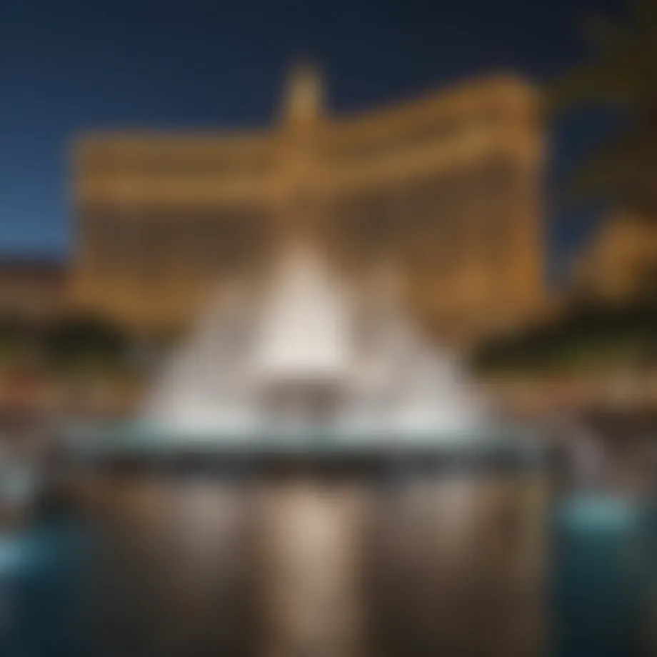 The grandeur of the Bellagio fountains reflecting the Las Vegas skyline