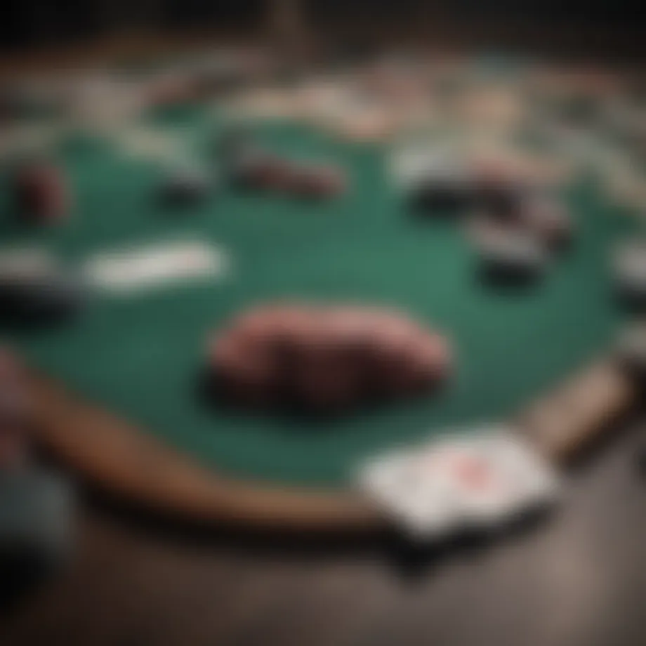 A close-up view of a poker table with chips and cards