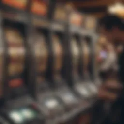 A player analyzing slot machine options in a casino.